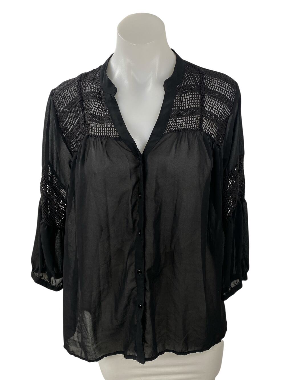 Vila Women's Black Lace Eyelet Long Sleeve Mesh Button Down Blouse Top Size M